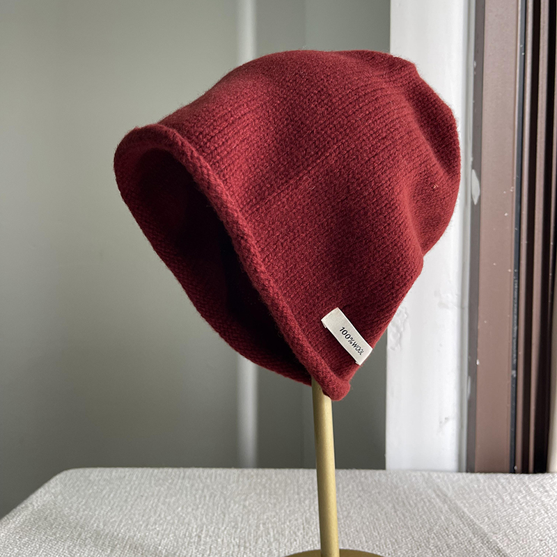 纯羊毛冷帽堆堆帽日系简约毛线帽女秋冬保暖护耳针织包头帽百搭款