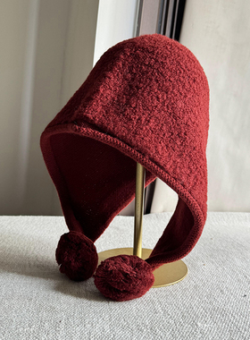 红色出韩国原版设计纯羊毛毛球雷锋帽子女秋冬保暖可爱巴拉克法帽