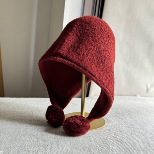 红色出韩国原版设计纯羊毛毛球雷锋帽子女秋冬保暖可爱巴拉克法帽