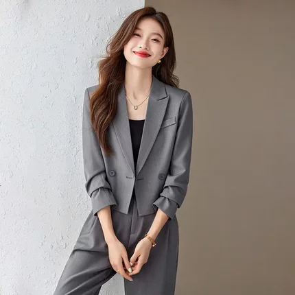 灰色短款西装套装女士2025新款秋冬小个子高级感职业正装西服外套