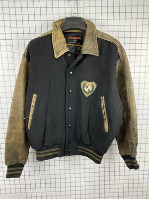 古着vintage原宿街头嘻哈宽松中古真皮袖夹克刺绣毛呢棒球服B14