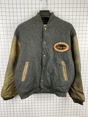 古着vintage原宿街头嘻哈宽松中古真皮袖夹克刺绣毛呢棒球服B16