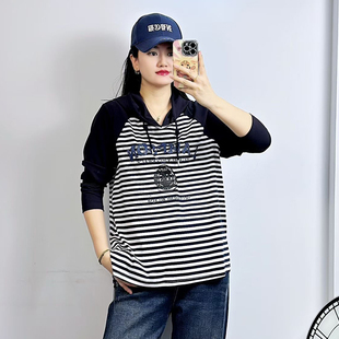 拼色百搭上衣5853 2025秋条纹打底衫 米莱奇新款 连帽卫衣女宽松大码