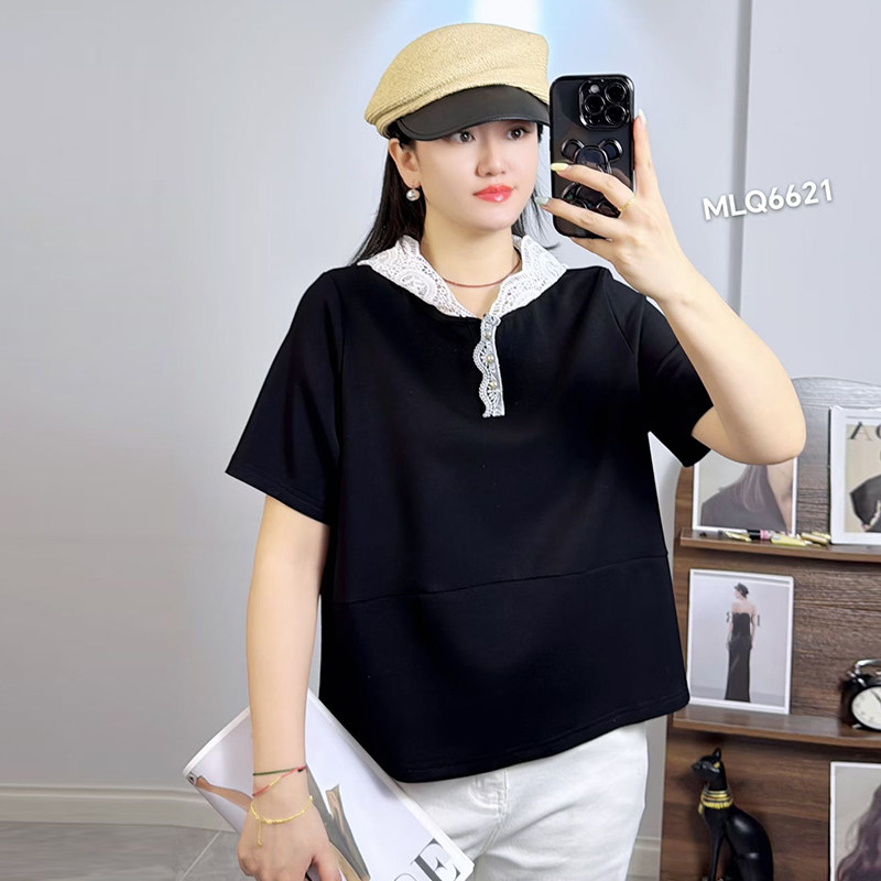 大码女装夏季短袖蕾丝拼接T恤