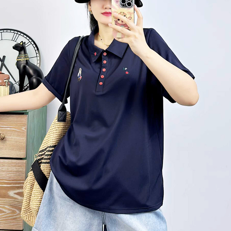 米莱奇2025夏季新款Polo领衬衫女休闲大码绣花百搭显瘦上衣56132