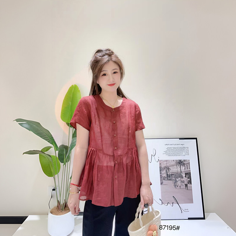 大码女装夏季新款短袖苎麻衬衫