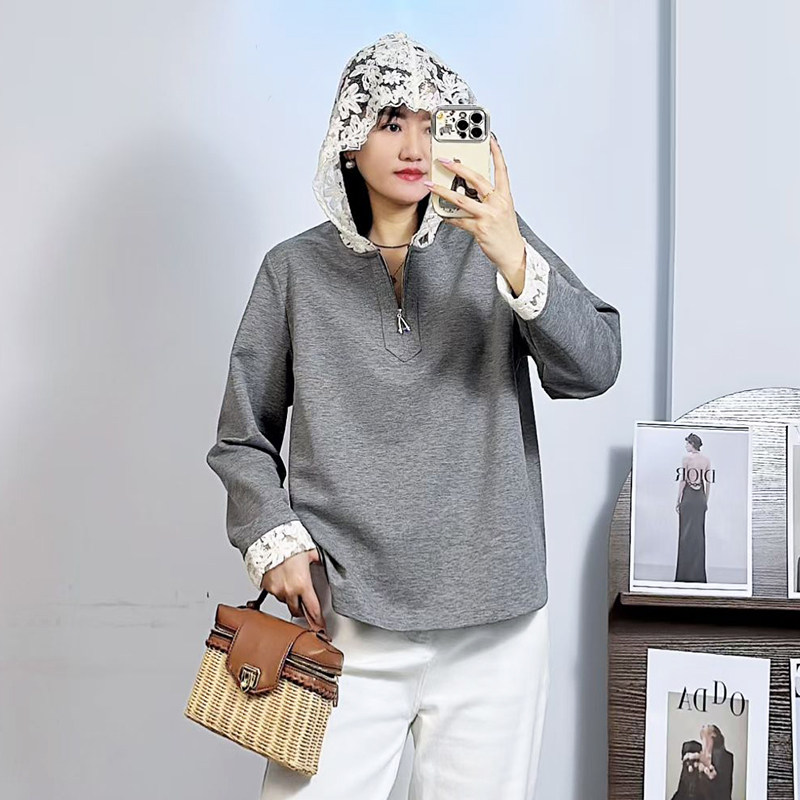 米莱奇2026春季新款蕾丝拼接卫衣女休闲大码女装时尚百搭上衣6125