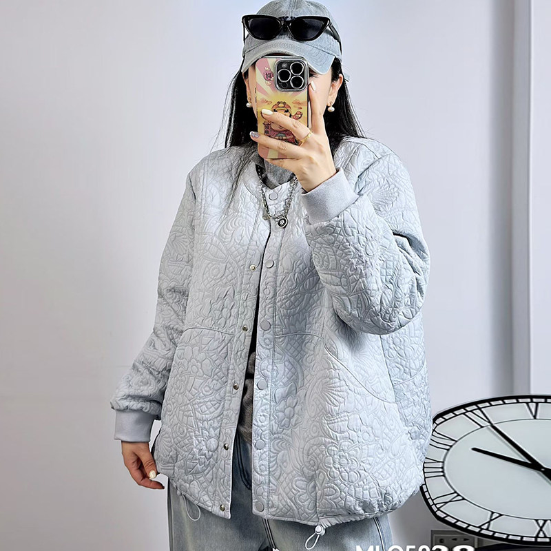 大码女装冬季提花薄棉衣短款外套