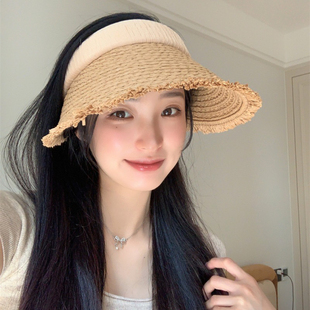 新款夏季草编大帽檐沙滩户外空顶防晒帽女可折叠百搭显脸小太阳帽