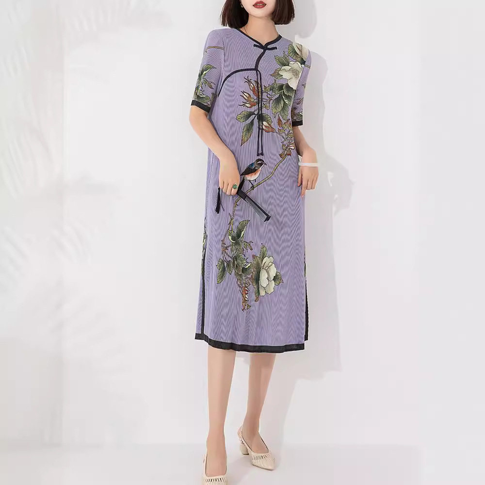 夏季新款连衣裙女时尚宽松大码复古印花旗袍款开叉优雅中长裙新潮