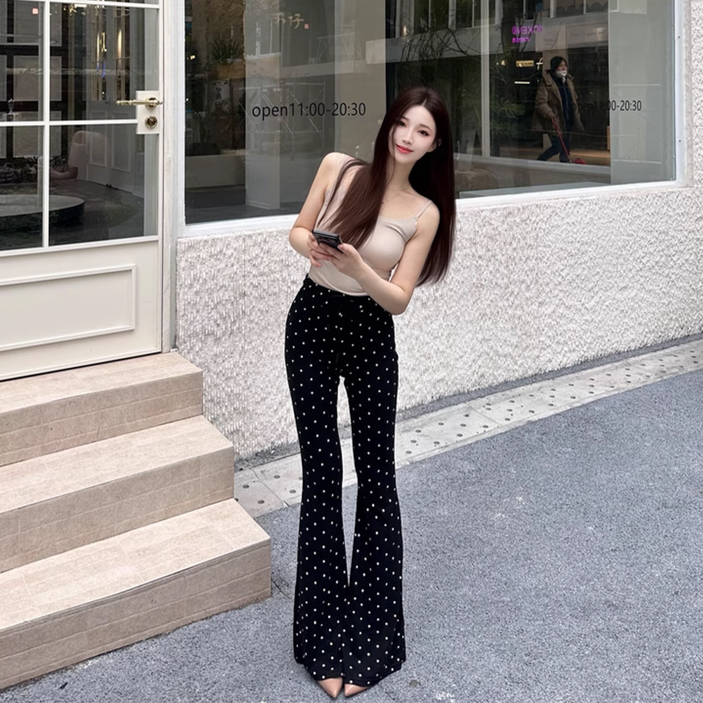 小个子梨形身材裤高腰波点印花微喇裤女喇叭休闲裤黑色显瘦马蹄裤