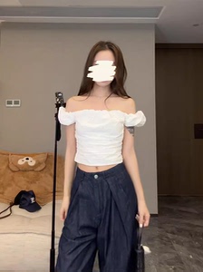 漫度周末 设计感花边一字肩上衣女夏季修身显瘦短款T恤 2025春装