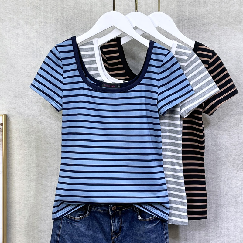 夏装条纹T恤纯棉女修身短袖