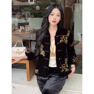 气质百搭加厚保暖棉衣 丝绒亮片钉珠棉服外套女装 新中式 国风秋冬季