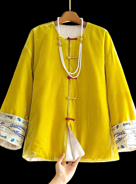 黄色真丝绒双面穿新中式国风棉服棉衣女冬新款圆领休闲盘扣厚外套
