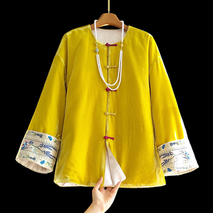 黄色真丝绒双面穿新中式国风棉服棉衣女冬新款圆领休闲盘扣厚外套