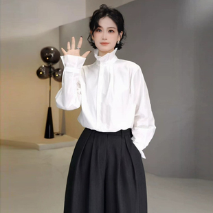 白色立领花苞长袖衬衫女春季女装2026新款高级感轻奢减龄洋气上衣