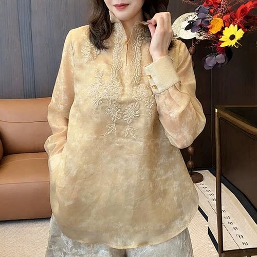 新中式显瘦刺绣长袖衬衫女春夏新款立领设计感百搭国风气质上衣女