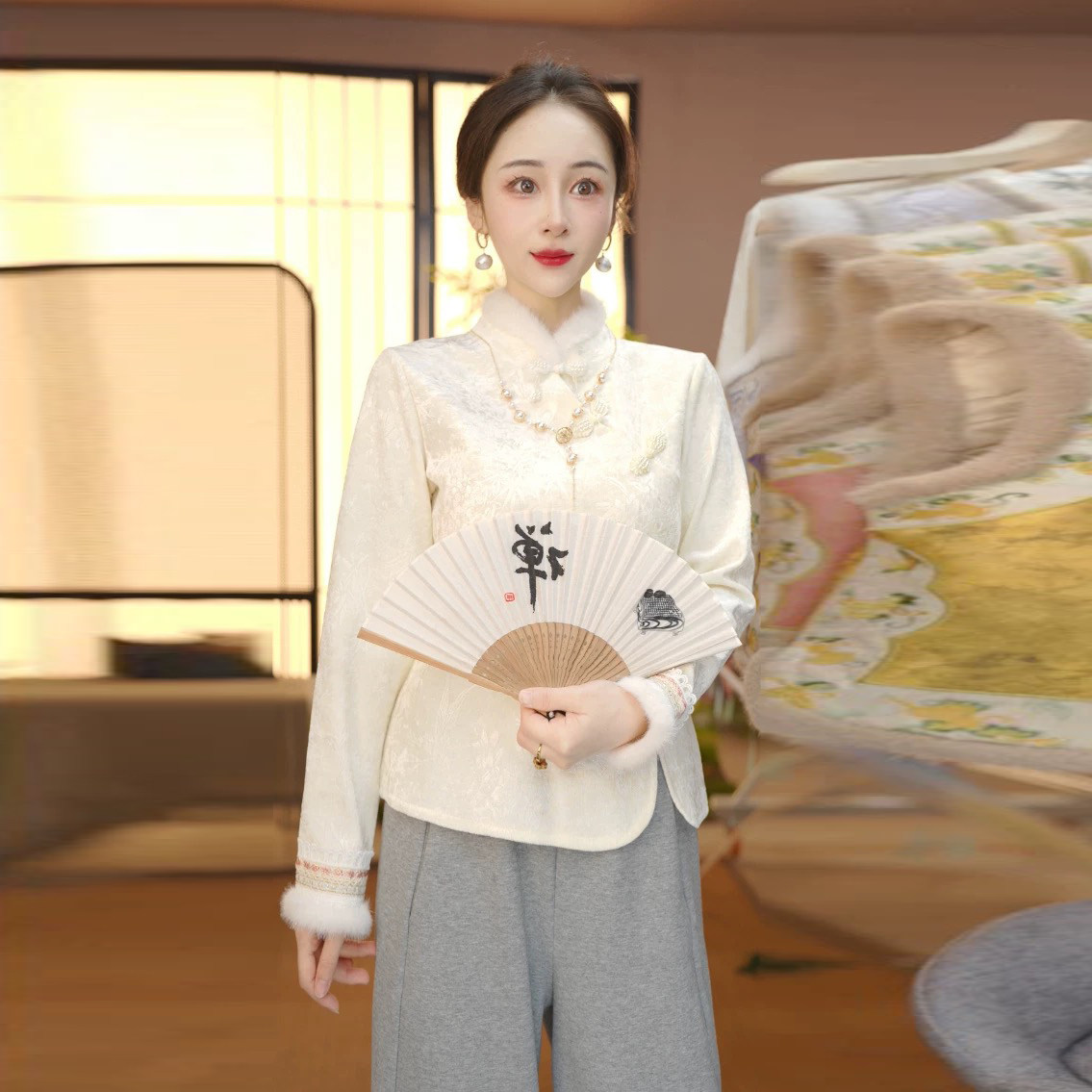 新中式加绒斜襟盘扣毛领衬衫女秋冬内搭上衣加厚保暖国风打底小衫