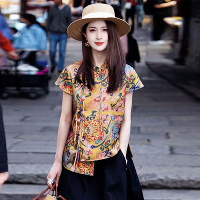 新中式国风女装2025新款马甲设计感小众短袖印花衬衫盘扣立领上衣