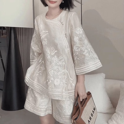 新中式国风2025夏季新款高级感显瘦上衣百搭休闲套装女短裤两件套