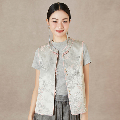 2025新款春秋改良新中式轻国风马甲女高级感织锦提花叠穿显瘦上衣