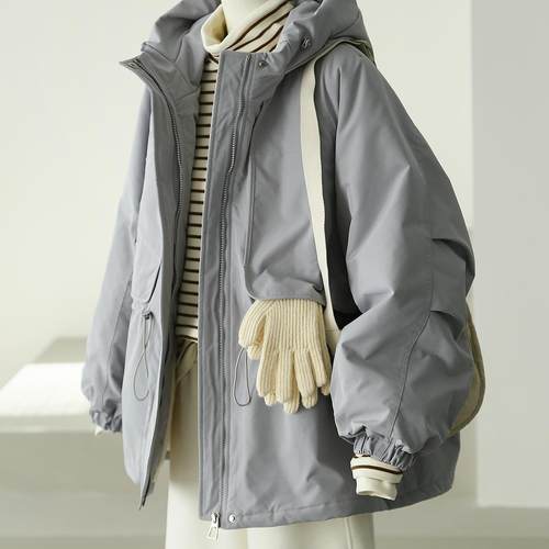 2025春秋新款抽绳连帽冲锋衣外套女百搭宽松显瘦户外休闲防风夹克