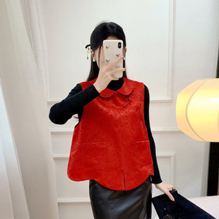 新中式国风娃娃领重工雕花马甲女2026春秋季新款开叉红色洋气上衣