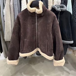 巨好看黑色加绒立领羊羔毛外套女冬季麂皮绒皮毛一体短夹克棉服