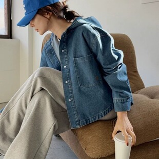 短外套女春秋韩国2026百搭宽松休闲连帽个性前短后长牛仔衬衫上衣