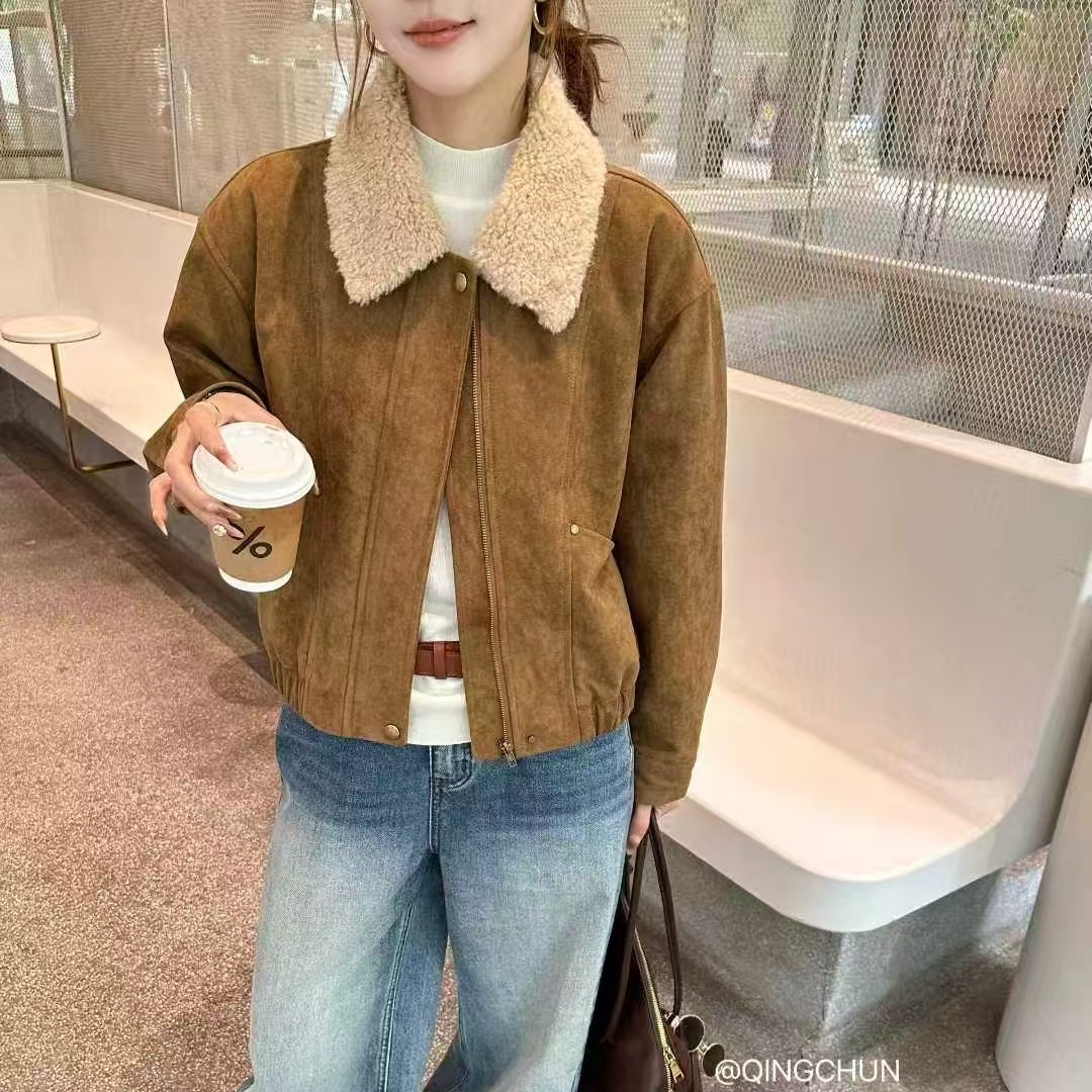 韩系2025冬季新款时尚减龄麂皮绒翻领羊羔毛短外套女休闲夹棉上衣