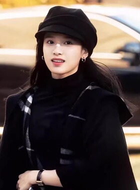 张婧仪同款式黑色毛呢贝雷帽八角帽报童帽女秋冬季高级感复古帽子