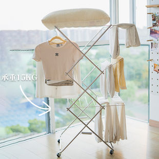 日式折叠晾晒架三层落地式晒衣架不锈钢室内阳台移动凉衣杆挂衣架