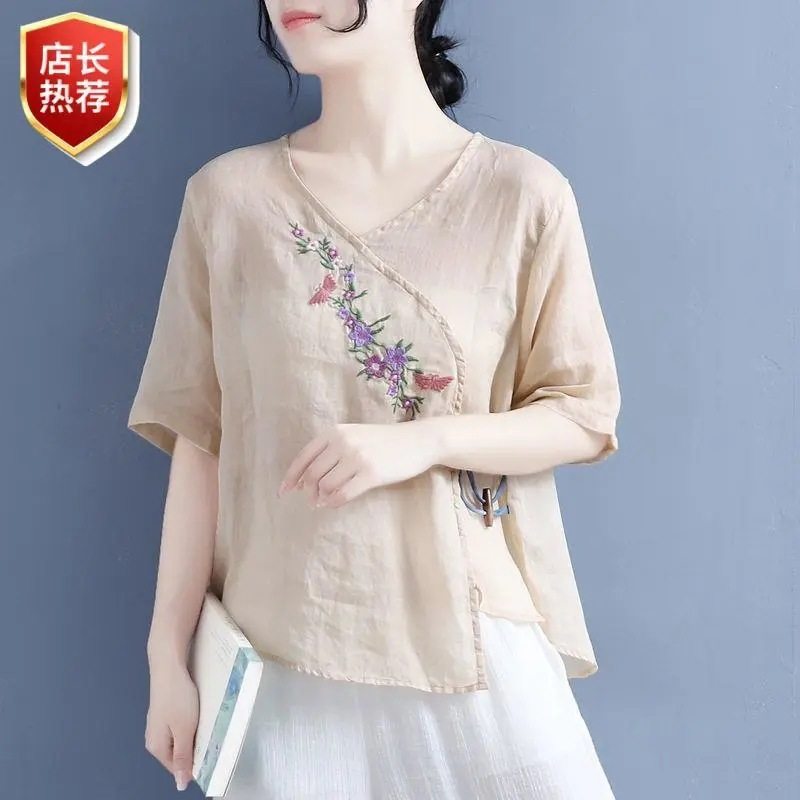 夏季复古文艺薄款橄榄木扣绣花短袖棉麻上衣女民族风v领纯棉T恤女,女装/女士精品,大码内搭,淘宝优惠券,粉丝福利购,淘宝优惠卷