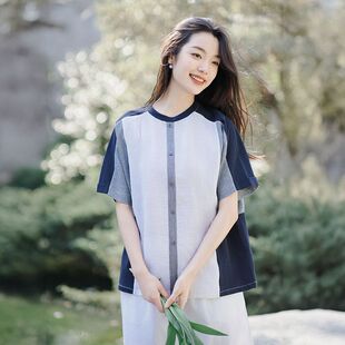棉麻女装夏季新款设计感短袖T恤女高级感拼接亚麻上衣一件代发
