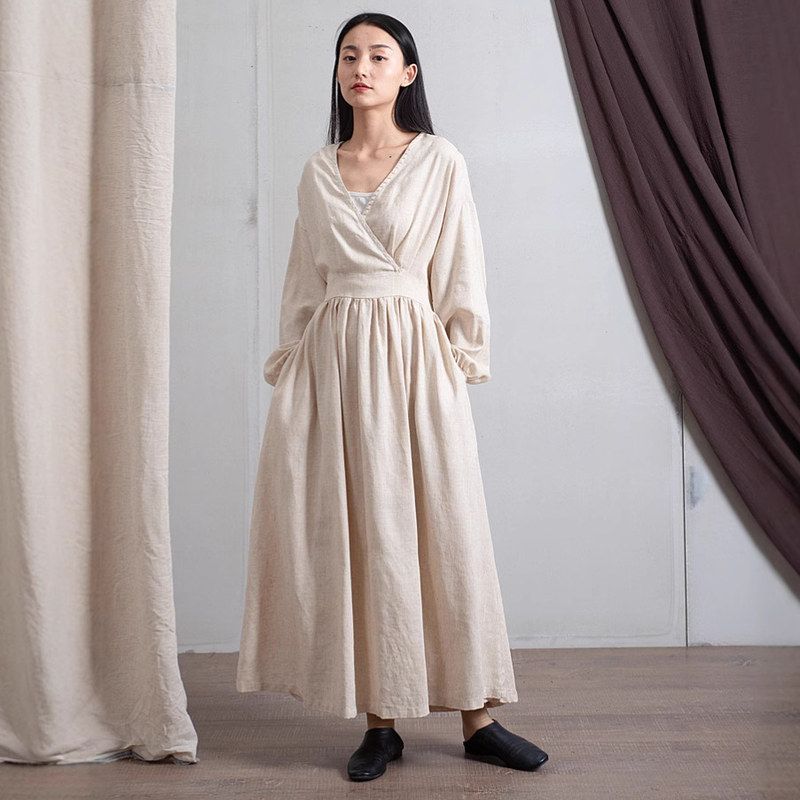 棉麻女装  水洗竹节麻中式改良腰封 连衣裙3色长款裙子图片