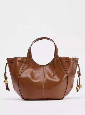 ZA2025新品女包时尚百搭深棕黄色吊带串珠手提包复古通勤斜挎包潮