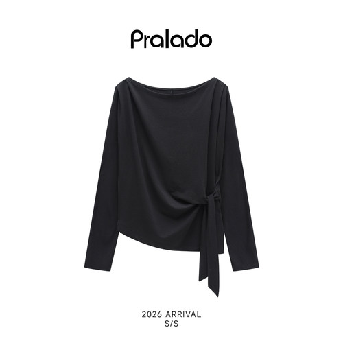 Pralado2026新款长袖T恤女休闲风斜领圆领设计宽松上衣7379