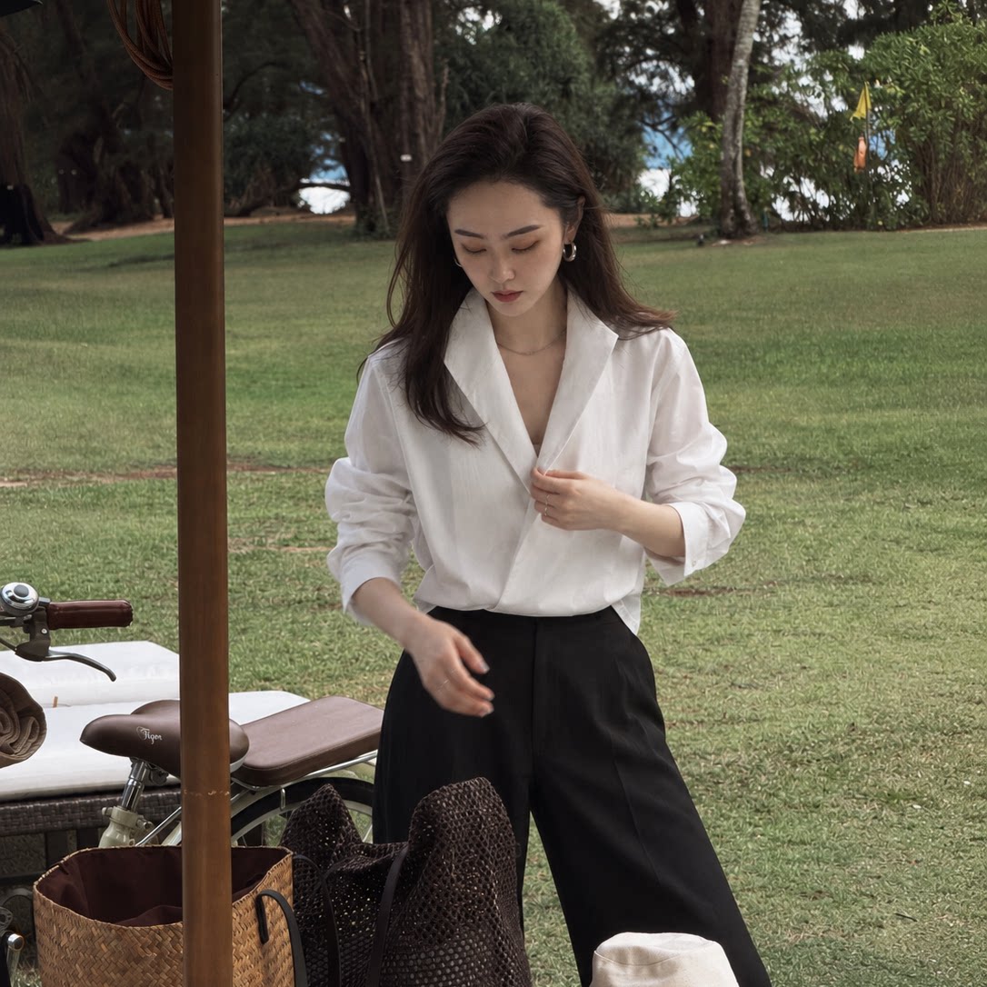 Pralado简约日系立领长袖衬衫女白色宽松纽扣开衫上衣7136