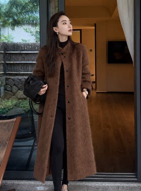 Pralado温柔风羊羔毛外套女立领中长款毛呢大衣秋冬保暖26192