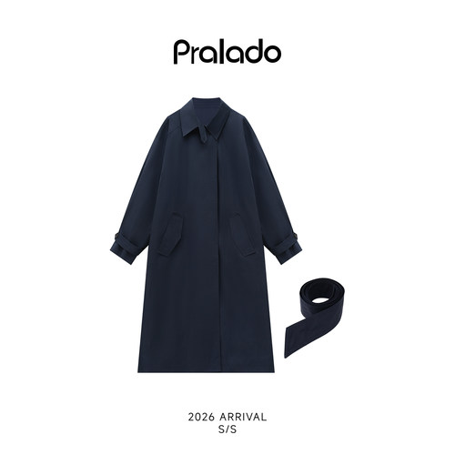 Pralado高智新风衣女长款藏蓝色翻领腰带廓形外套PR017059F