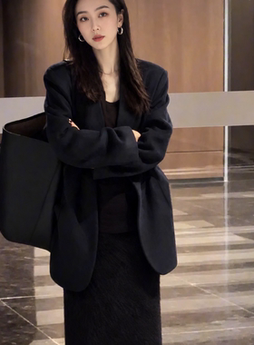Pralado黑色无扣西装外套女长袖宽松职业通勤西服上衣7035