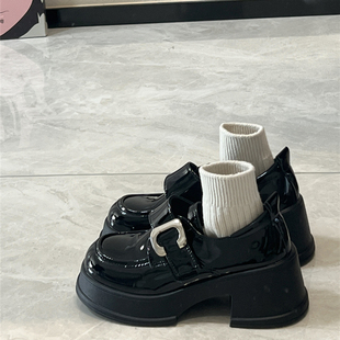 肥麦麦高跟小皮鞋女英伦风2024新款春季百搭粗很厚底黑色乐福鞋JK