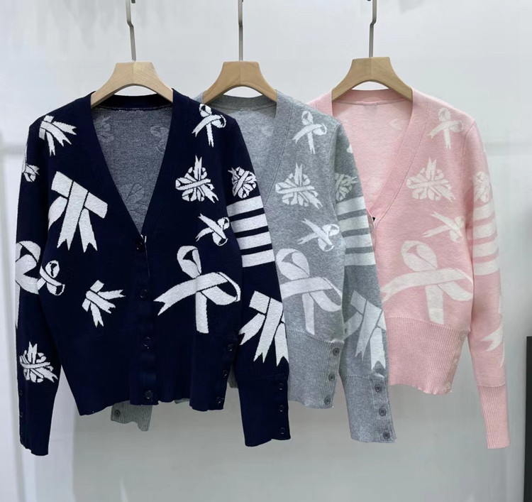 2021早秋新款明星同款开衫tb蝴蝶结四道杠v领针织衫外套