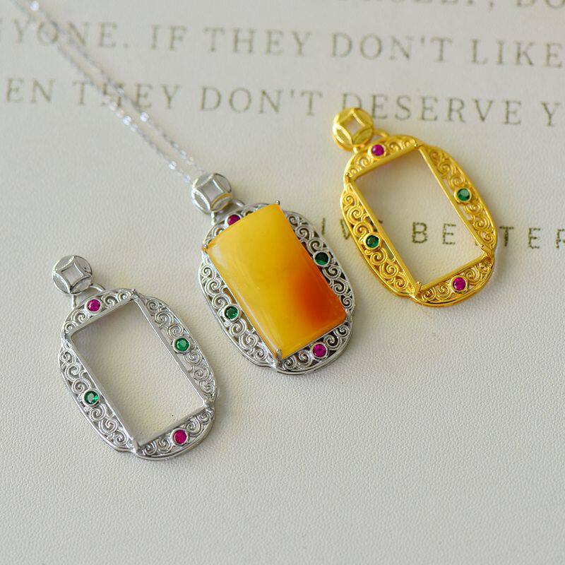 S925纯银吊坠空托时尚男女四爪方形DIY蜜蜡松石琥珀玉石镶嵌15*25