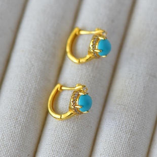 S925纯银耳饰耳钉空托女款 四爪圆形567mmDIY蜜蜡松石翡翠玉石镶嵌