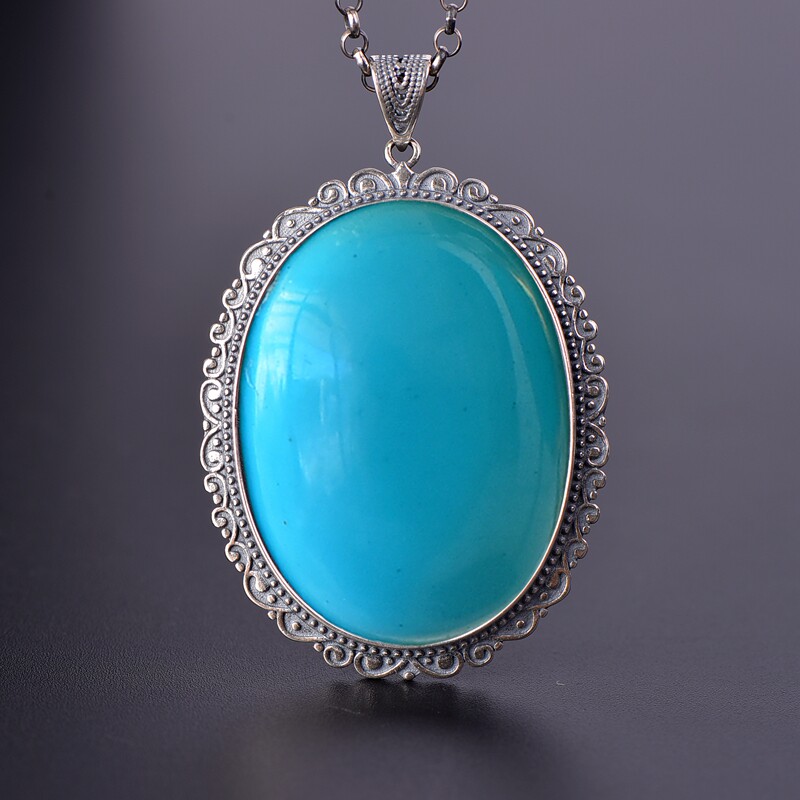 S925纯银大吊坠空托复古男女款32*43mmDIY蜜蜡松石琥珀玉石镶嵌托