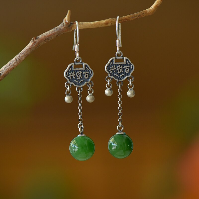 S925纯银耳坠空托复古女长命锁圆珠DIY蜜蜡松石玉石水晶珍珠镶嵌