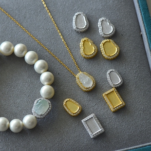 S925纯银魔盒背云空托时尚男女款路路通貔貅方形叶子DIY宝石镶嵌