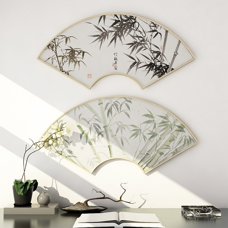 百特好x竹子图 扇形竹报平安装饰画新中式玄关挂画客厅书房墙壁画